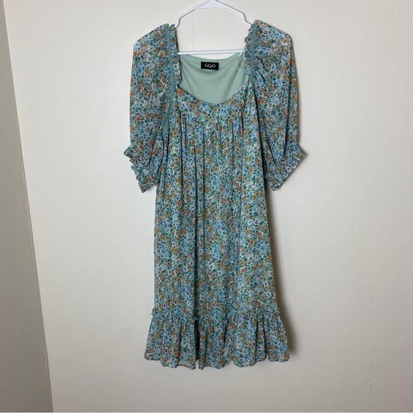 GiGio by Umgee Sea Foam Green Boho Chiffon Ditsy Floral Ruffle Dress - Picture 4 of 16